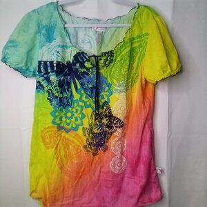 Peaches Uniforms Scrub Top Women L Short Sleeve Butterfly Pockets Colorful